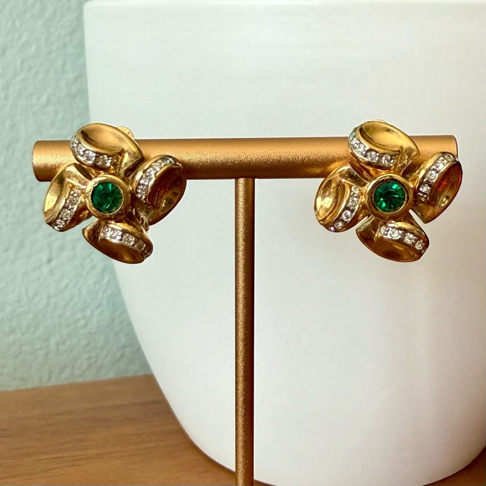 Vintage Nina Ricci Goldtone Emerald and Crystal Clip on Earrings Floral Design